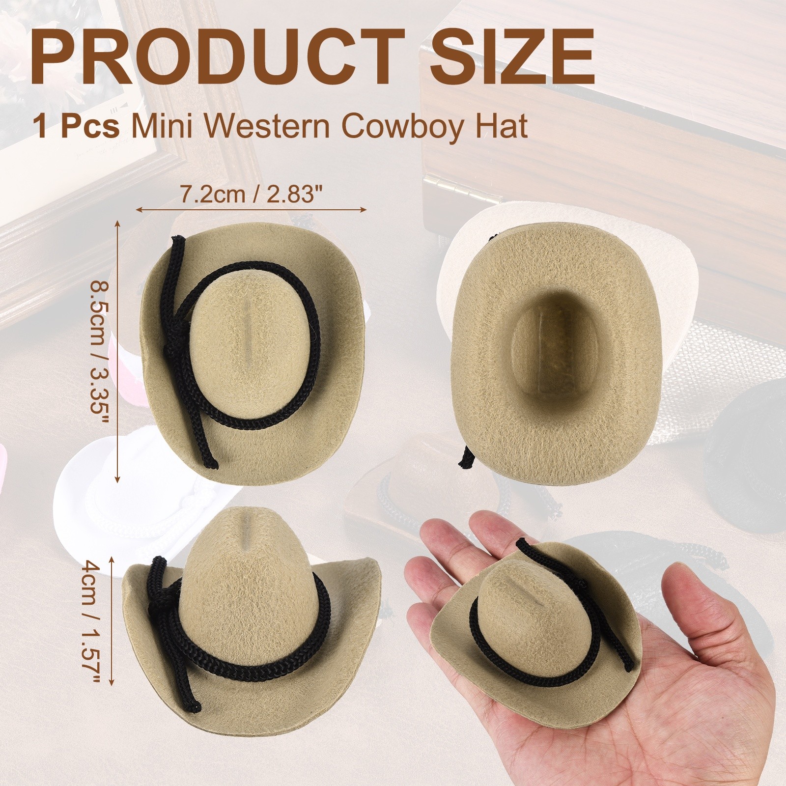 Khaki Mini Cowboy Hats for Crafts Dolls Wedding, 8.5cm x 7.1cm x 4cm