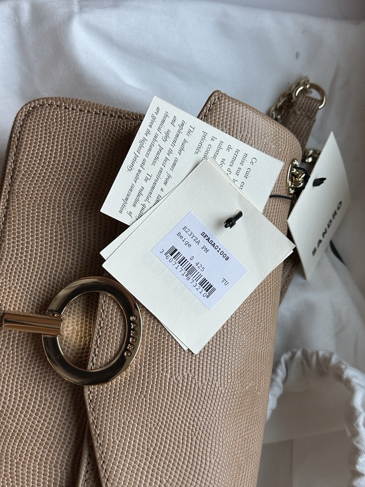 (Excellent Condition with Tags) SANDRO YZA Leather Cross Shoulder Bag (Beige)