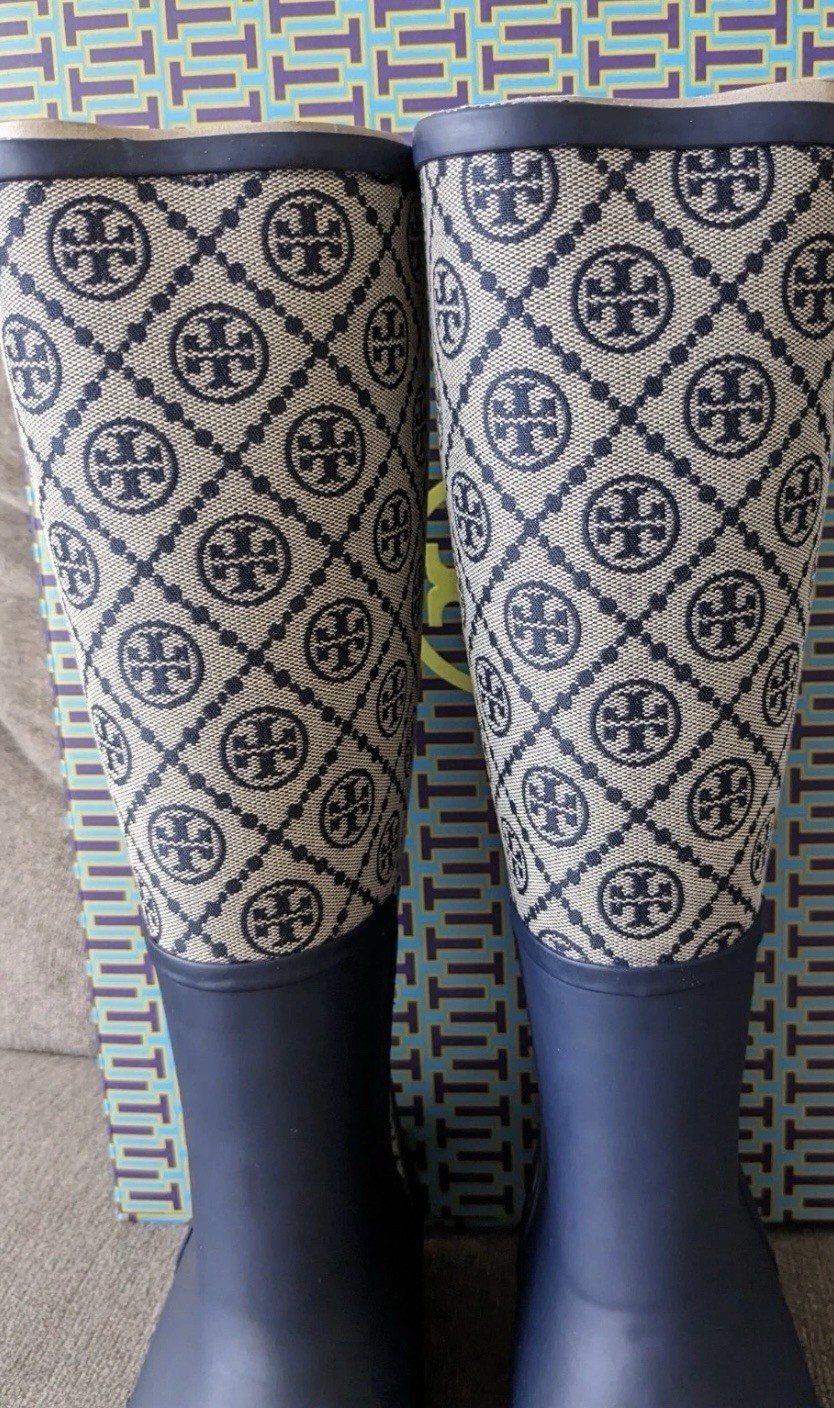 Tory Burch T Monogram Hurricane Tall Rain Boot Size 9M Blue No Shoe Box