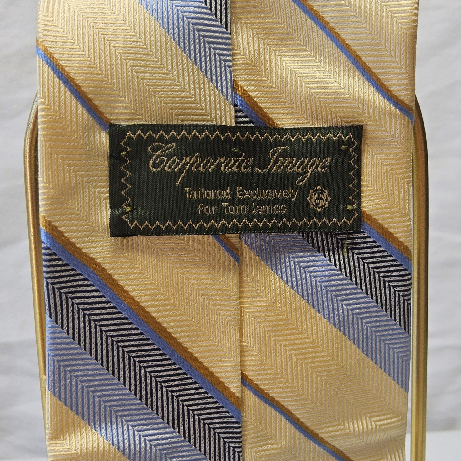 Corporate Image Tom James Necktie Mens Yellow Blue Striped Silk Herringbone