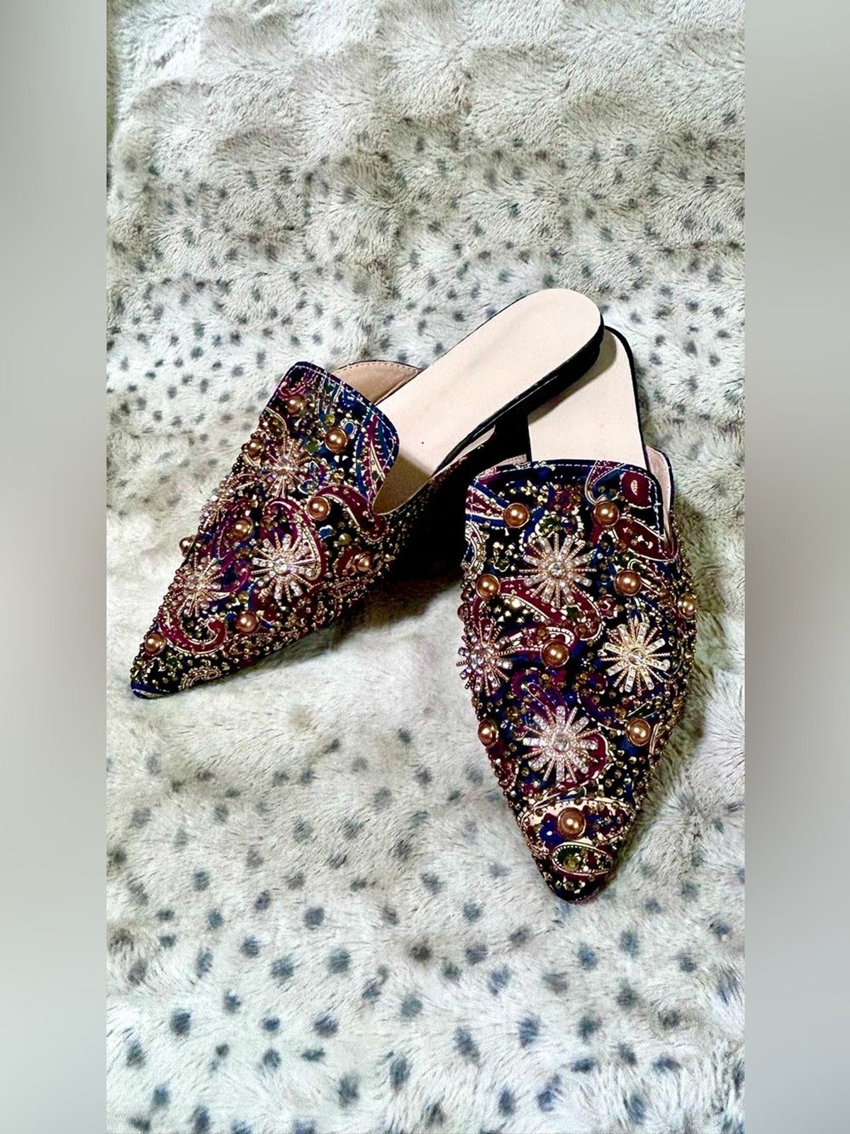 Embellished Pointed Toe Flats Mules Multicolor Beads Sequins Sparkles Size 39New