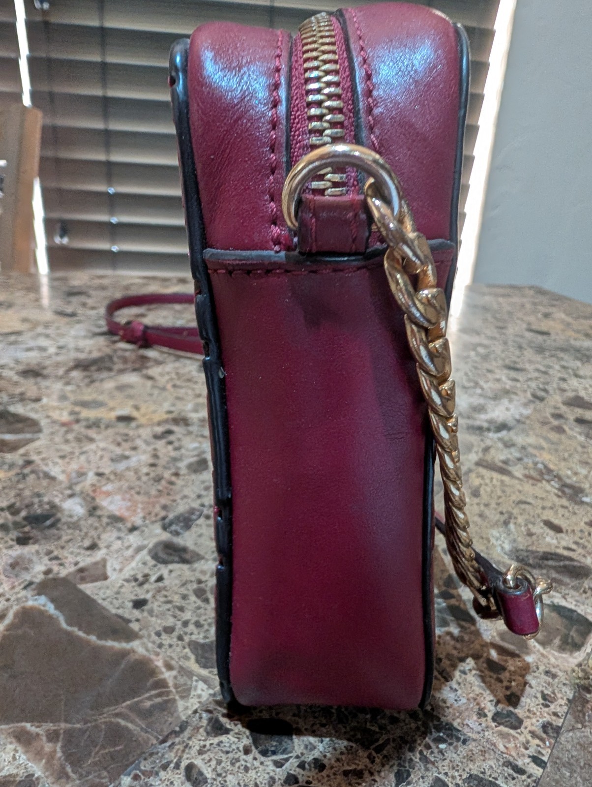 Michael Kors Burgundy Quilted Crossbody Zip Bag Gold Hardware Chain Strap