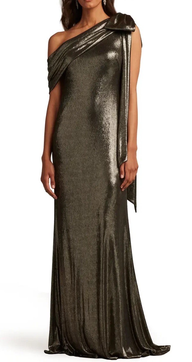 Tadashi Shoji S Small Gown One Shoulder Metallic Liquid Jersey Maxi Long Dress
