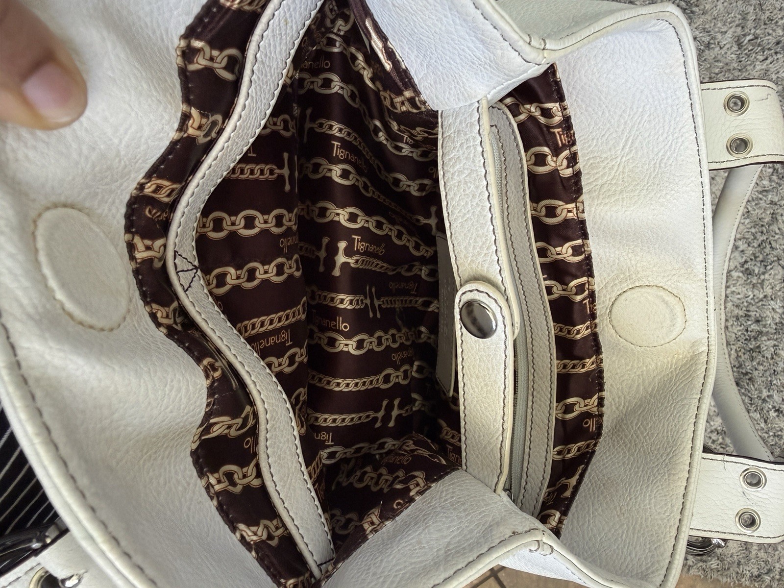 Tignanello White Pebbled Satchel Top Handle Double Handles Silver Hardware