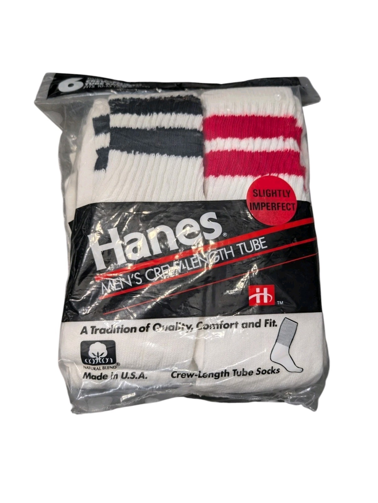 VTG 1990s Hanes 6 Pair Crew Length Tube Socks USA Stripes NOS *Imperfect*