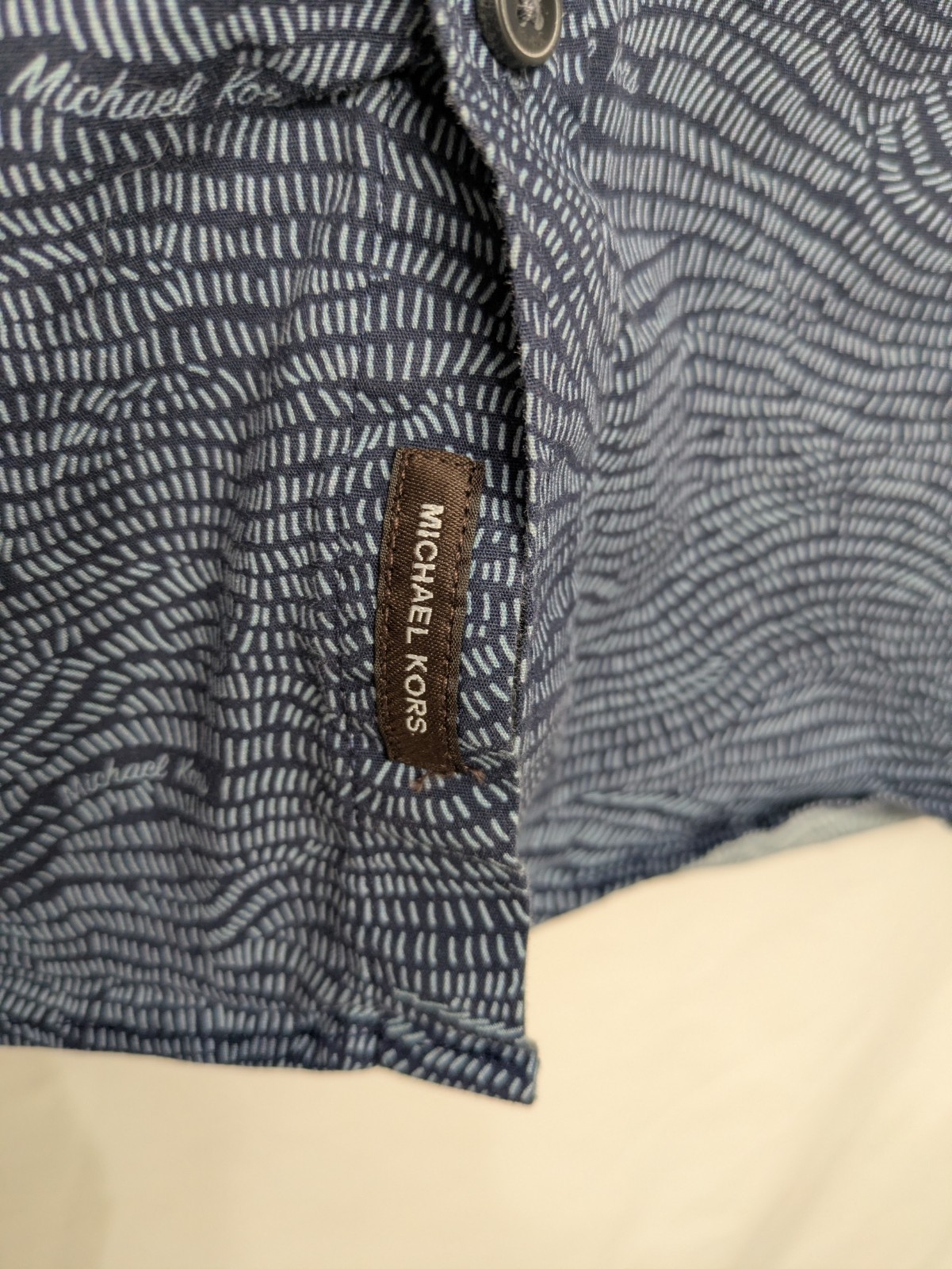 Michael Kors Men XL Slim Fit Button Down Shirt Blue Abstract Print Stretch…