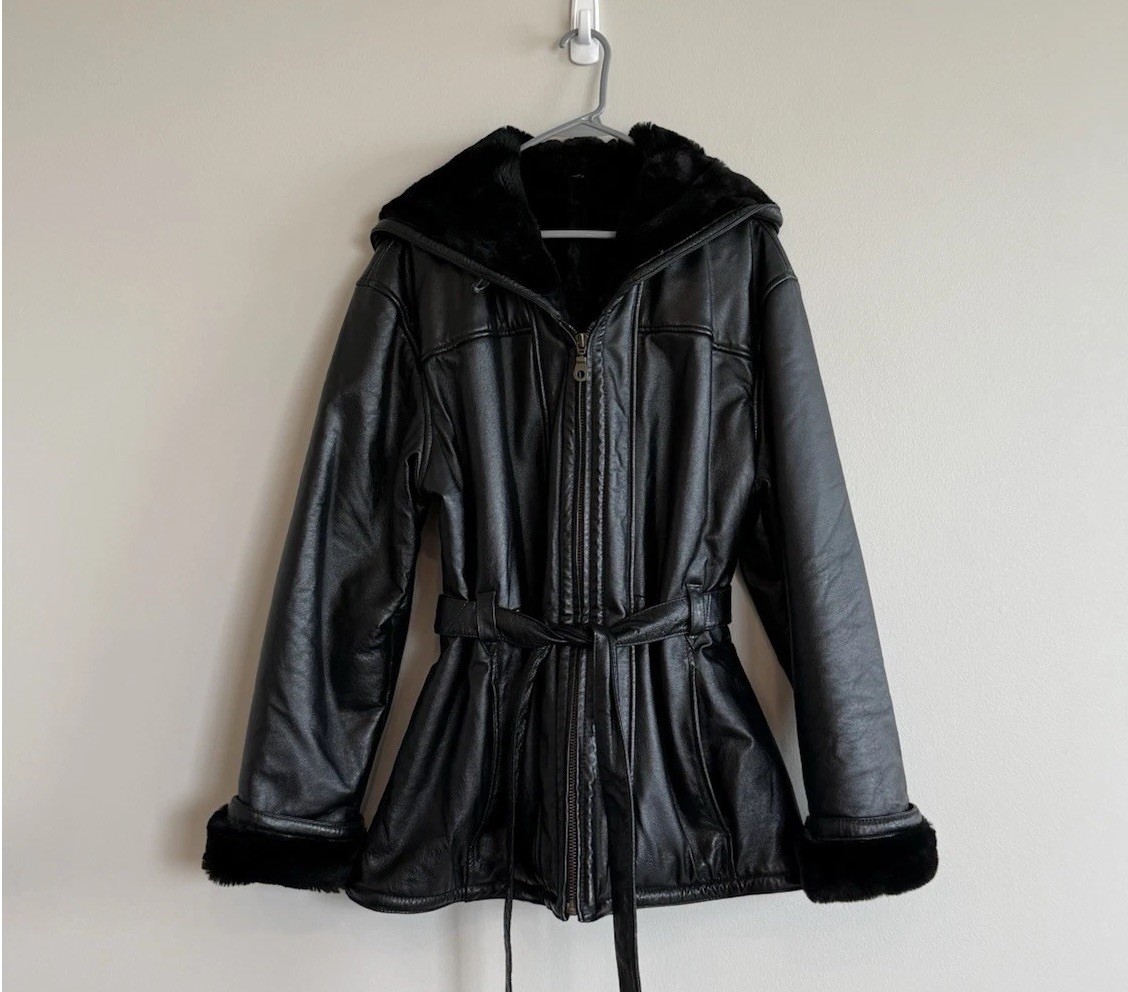 Black Hooded Fur Trim Belted Parka Jacket Women’s Mid-Length Outdoor Casual