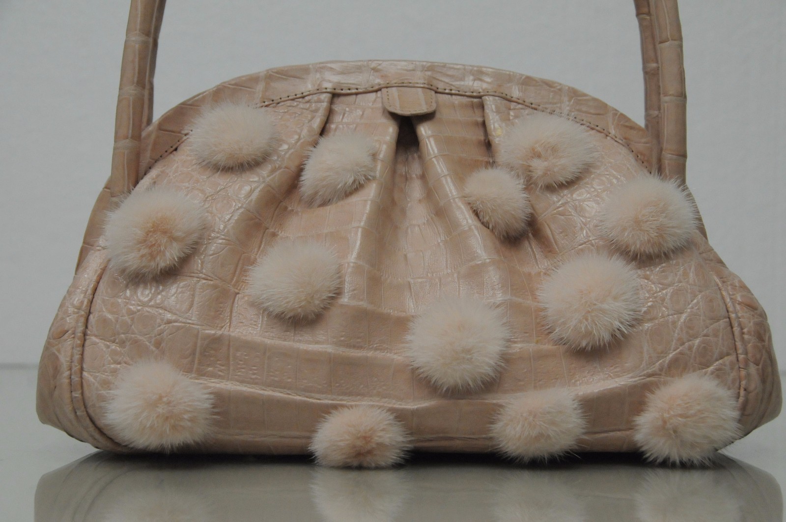 $3600 NEW Nancy Gonzalez Pale Pink CROCODILE Mink Pom Pom BAG Clutch