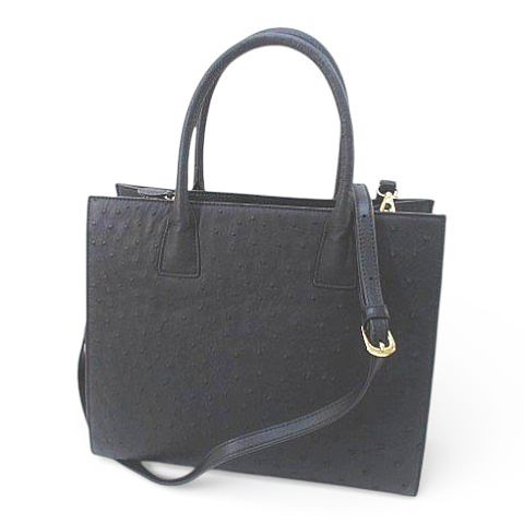 Dolanier Ostrich Leather Tote Bag Ladies Black 13×11.4in SA Excellent Condition
