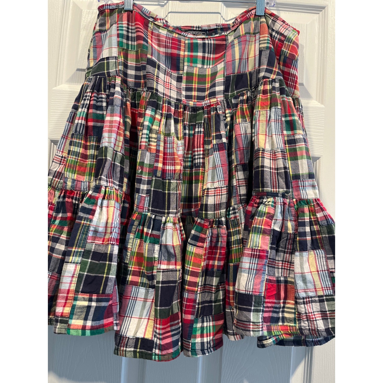 American Living Patchwork Plaid Tiered Skirt Multi Color Cotton Madras Size 14