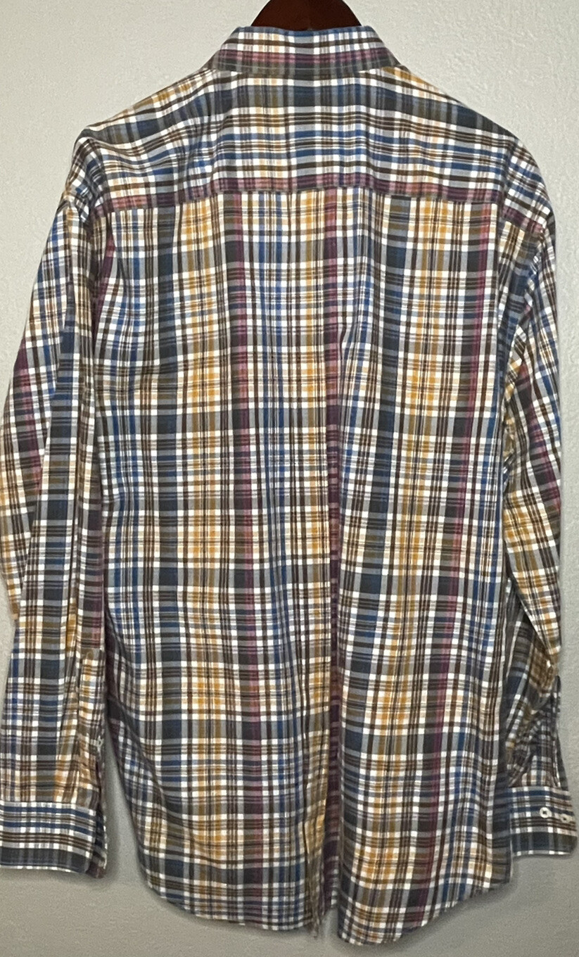 Mens Peter Millar Long Sleeve Plaid Button Down Dress Shirt Sz XL Brown Blue Tan
