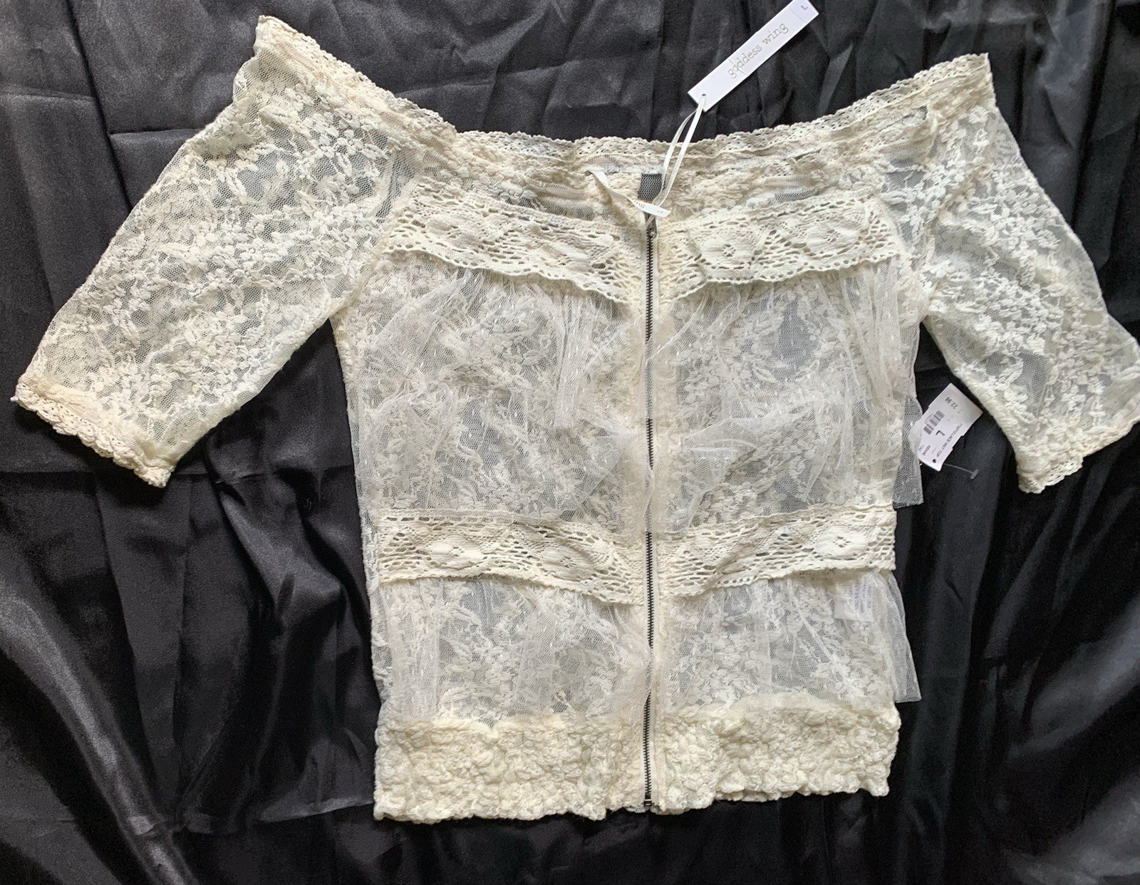 Goddess Wing ☀️ Blouse Top Women Woman Size Large Lace Off White Beige Zipper
