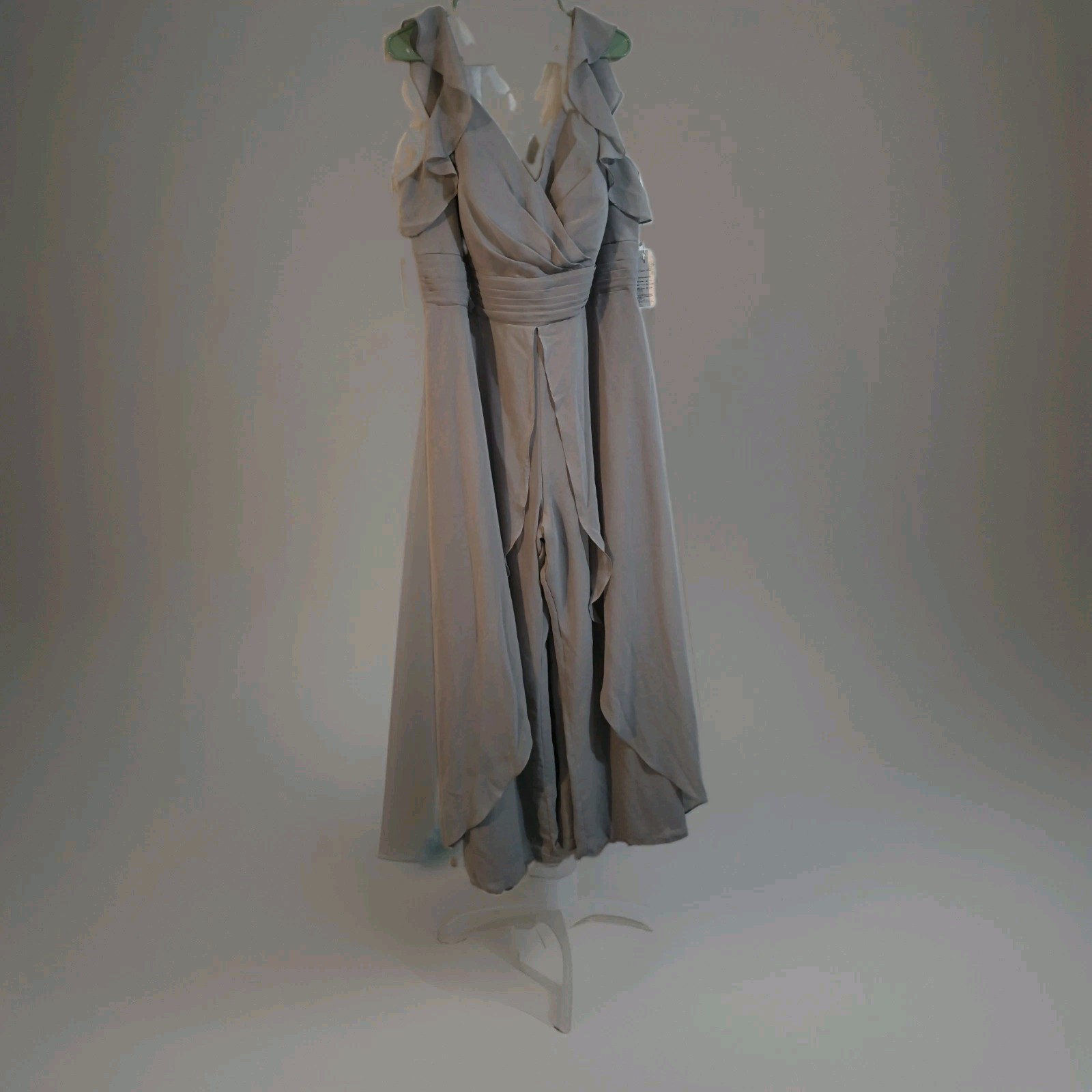Gray Chiffon V-Neck Ruffle Lined Long Chiffon Jumpsuit Sleeveless Zip Formal 22W