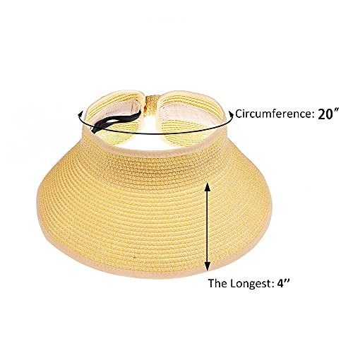 Kids Summer Roll Up Sun Visor Hat Wide Brim Straw Teens Beach One Size Yellow