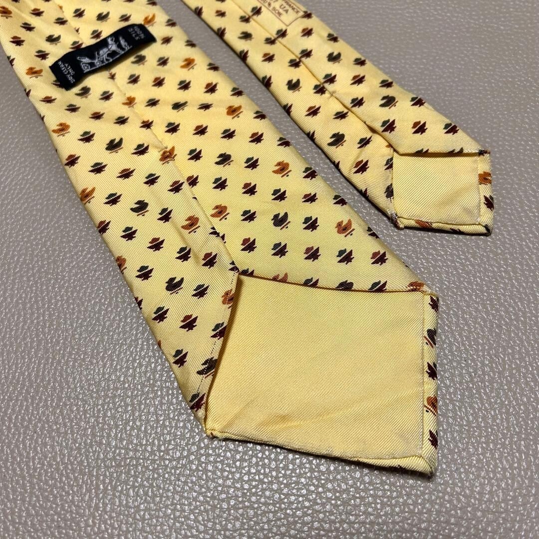 Hermes Mens Silk Tie Yellow H Pattern Stripe Dot Check Woven 3.54in 9cm