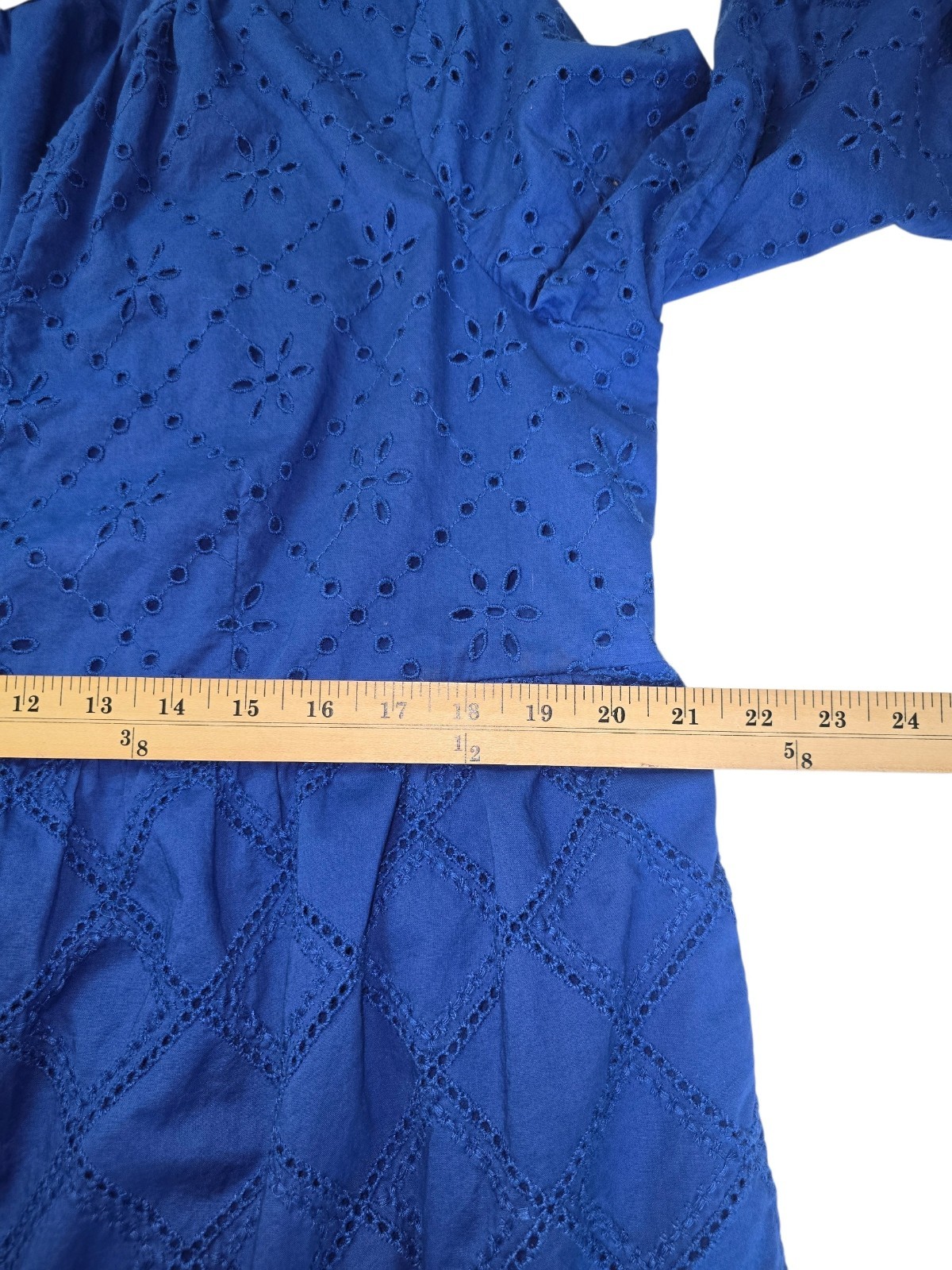 J Jill Eyelet Ruffle Smocked Amalfi Midi Dress L Blue Coastal Boho Lined Pkts