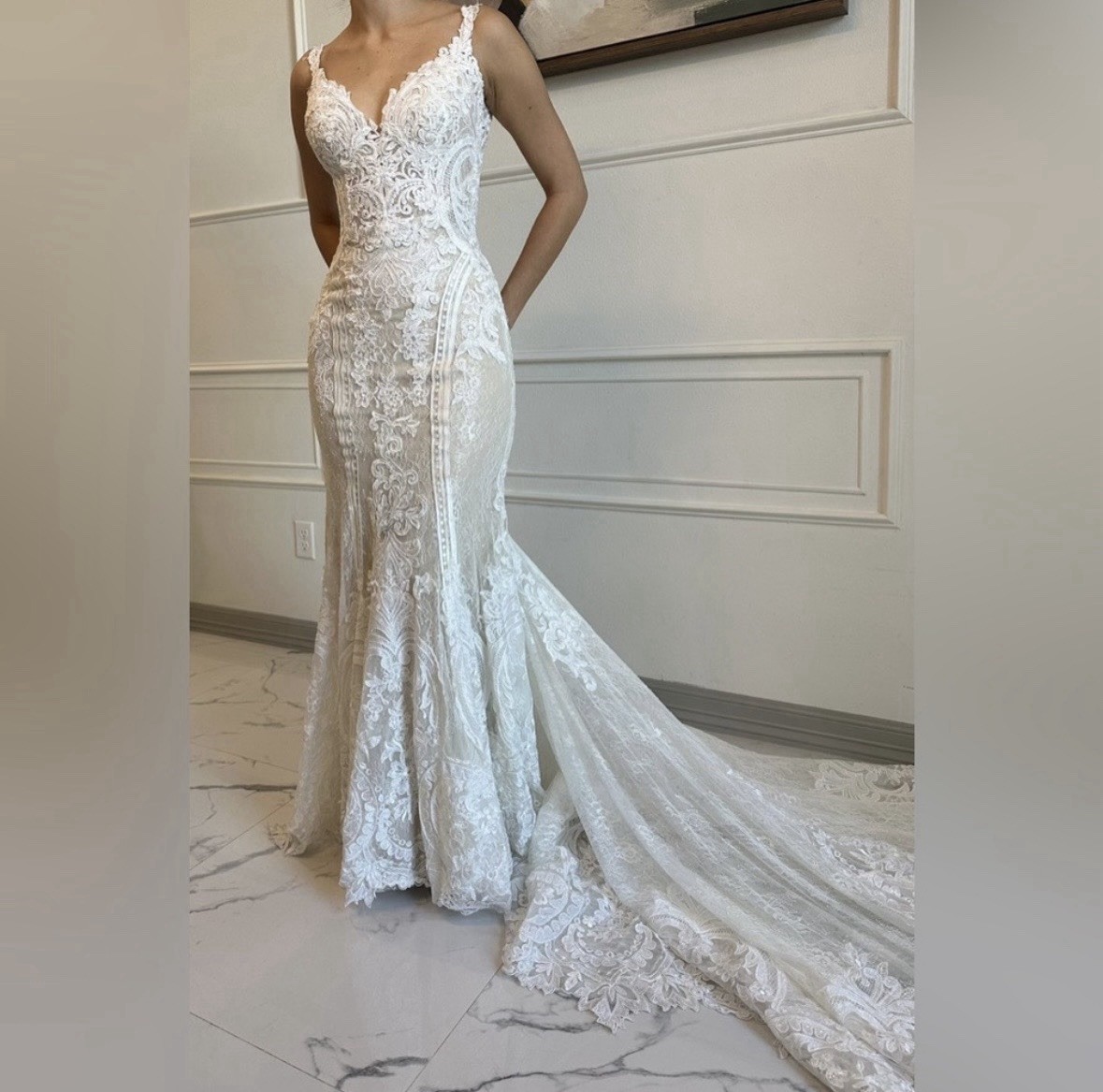 Martina Liana D3657 Size 6 Ivory Lace V-Neck Mermaid Fit & Flare Train