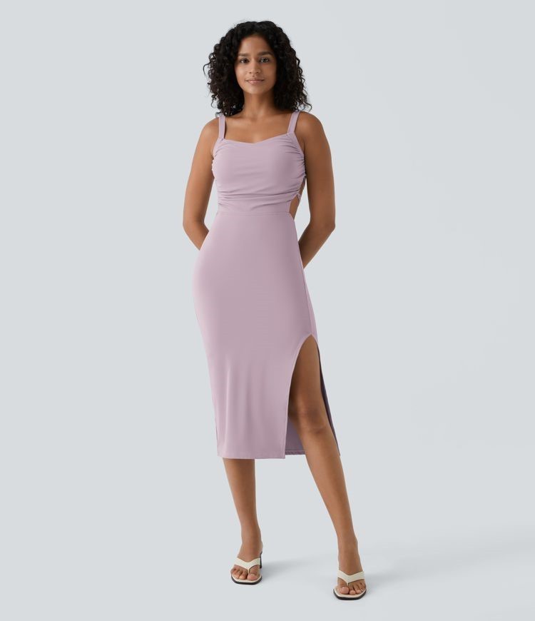 NWT Halara Ruched lace up bodycon midi casual Dress Size Small