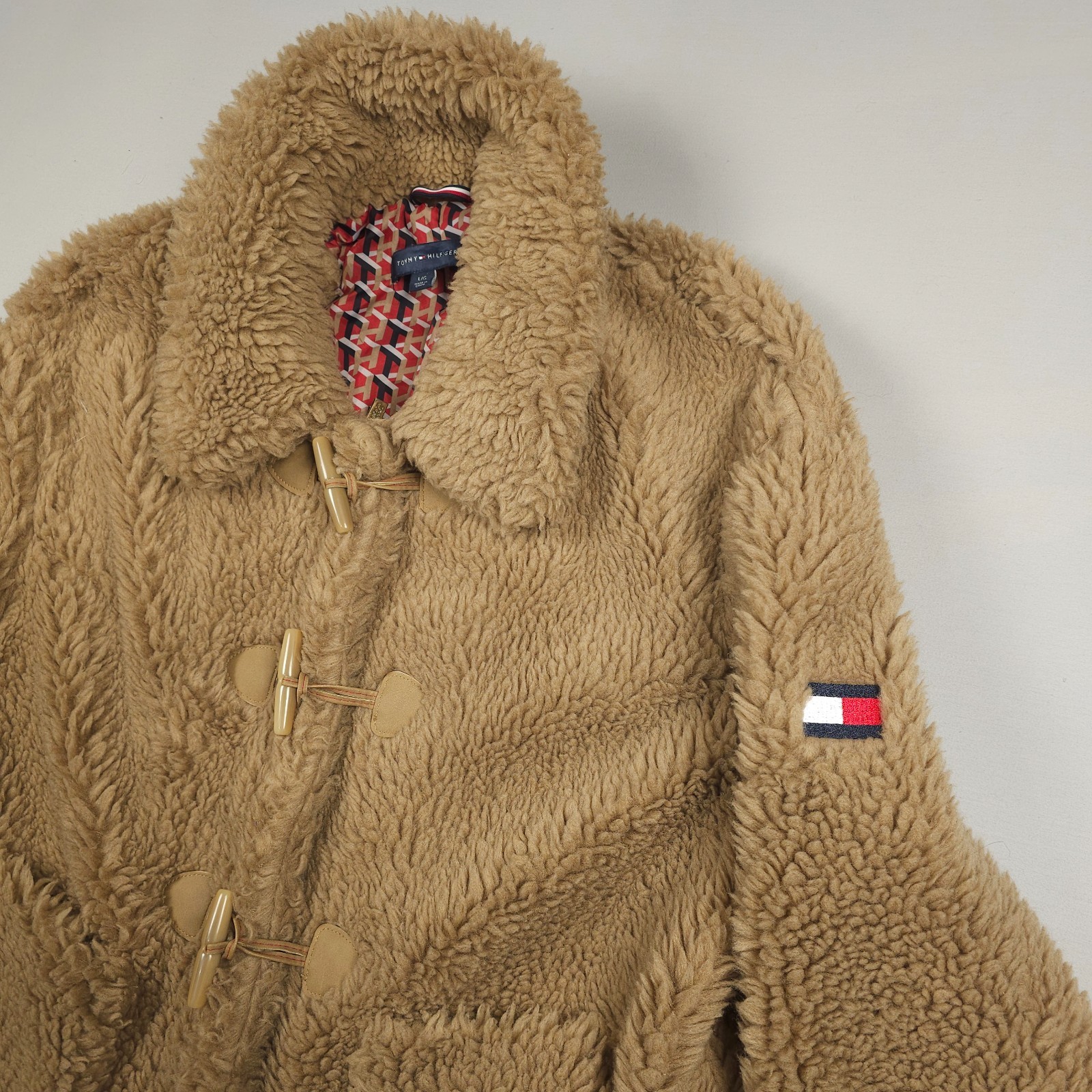 Tommy Hilfiger Faux Fur Jacket Women Large Beige Sherpa Full Zip Toggle Button