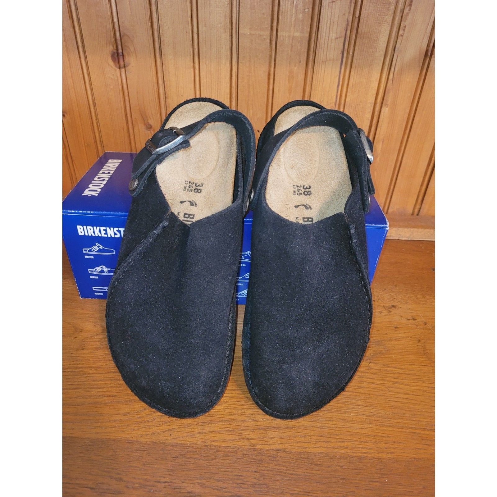 Birkenstock Boston Clogs Women’s 7 EU 38 Black Suede Narrow Fit With Box