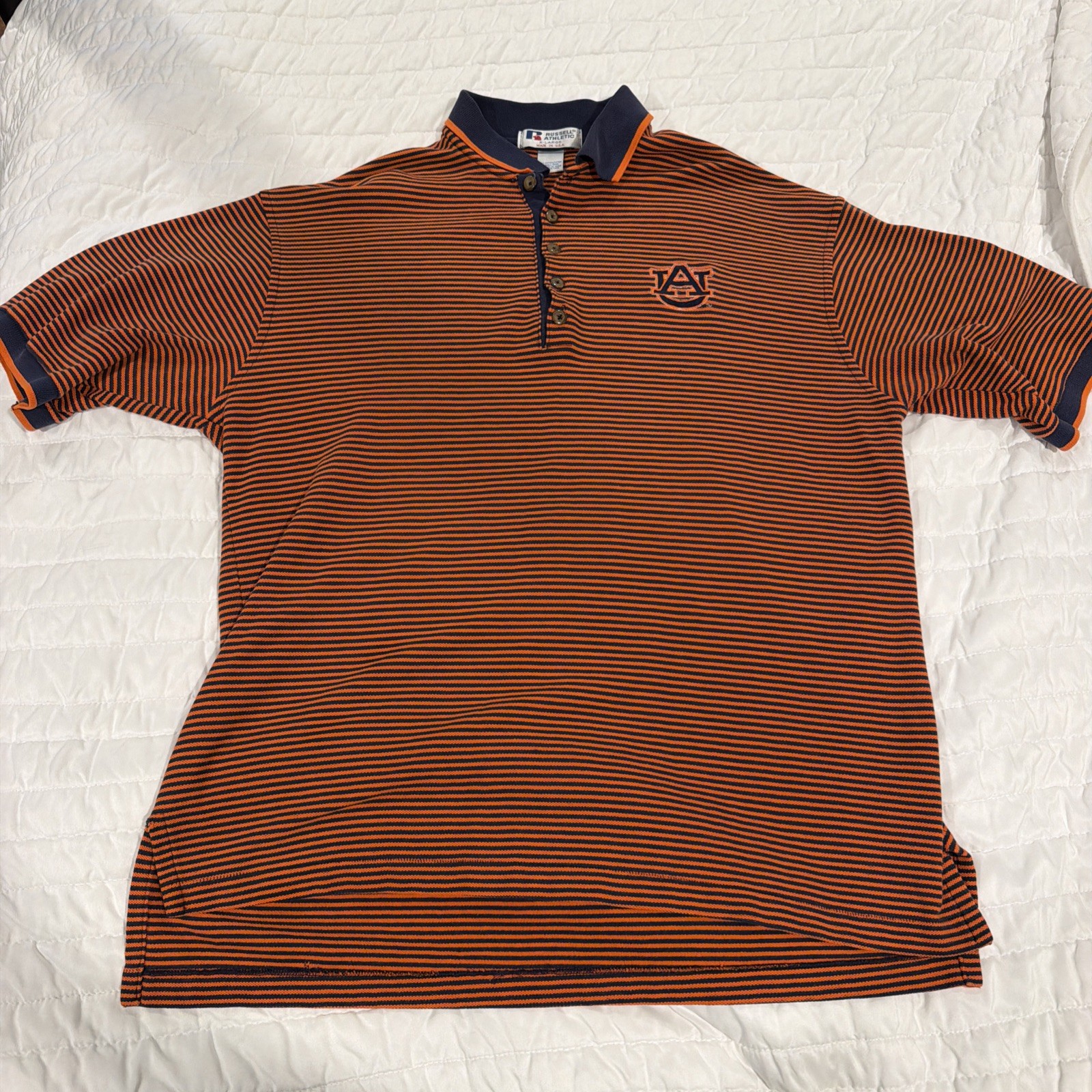 Vintage Russell Athletic Auburn Tigers Polo XL Made In USA Striped Blue Orange
