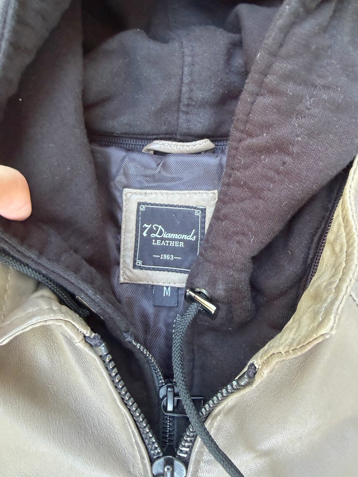 7 Diamonds Men’s Tan Leather Hooded Full Zip Jacket Size M Biker
