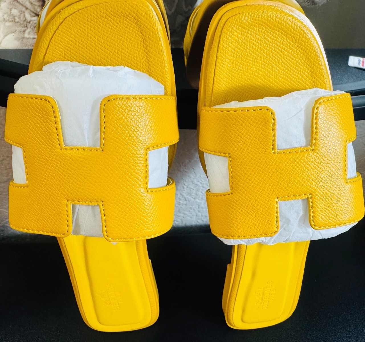 Women’s Yellow Leather Slide Sandals Slip-On Logo Accent EU 37 US 7