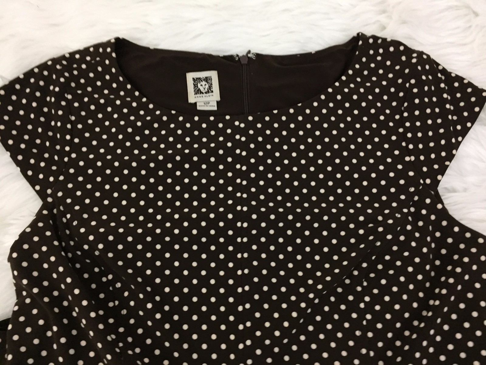 Size 12 Petite Dress Brown White Polka Dot Lined Belt Anne Klein