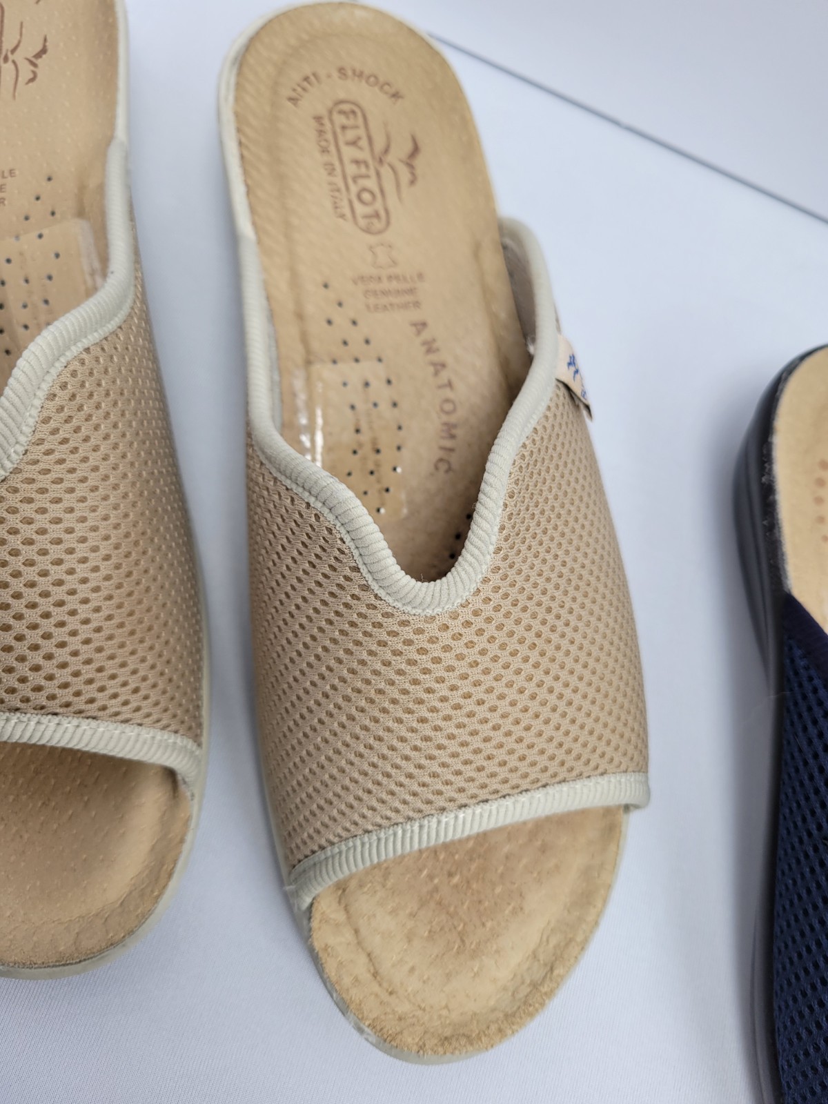 Fly Flot Two Pairs Beige & Navy Italian Leather Slide Sandals Size US 8