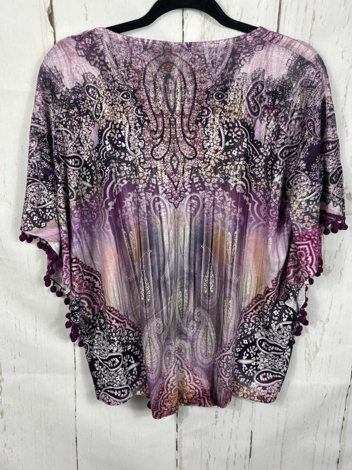 World Unity Pom Pom Purple Blouse Top Rhinestones Batwing Sleeve Sz M