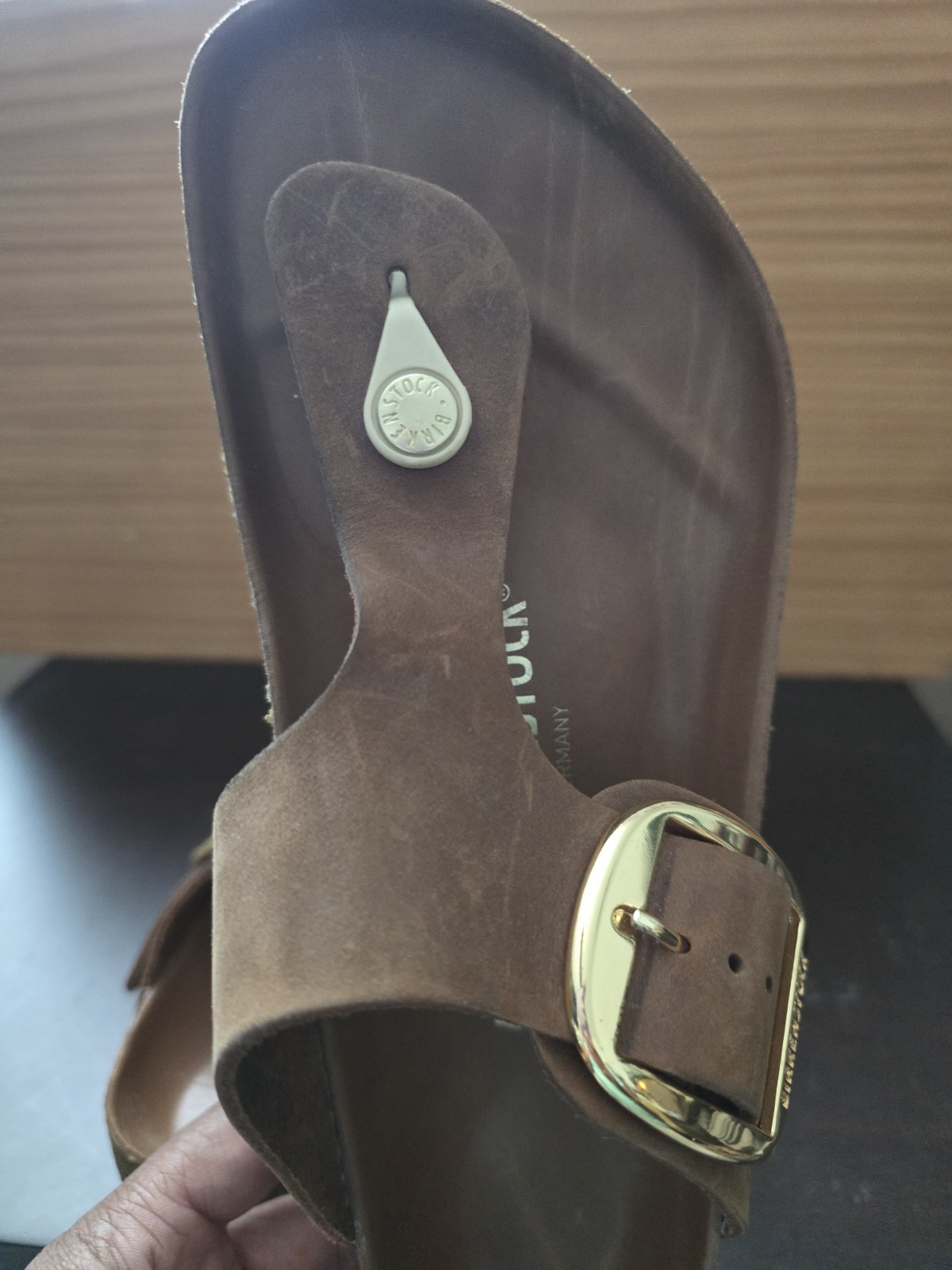 Birkenstock Gizeh Big Buckle Cognac Oiled Leather Sandals Gold Hardware Size 40