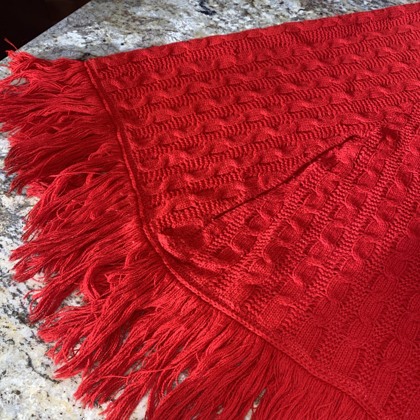 Montgomery Ward Button Up Acrylic Knit Poncho Fringe Red Vtg 70’s Sweater