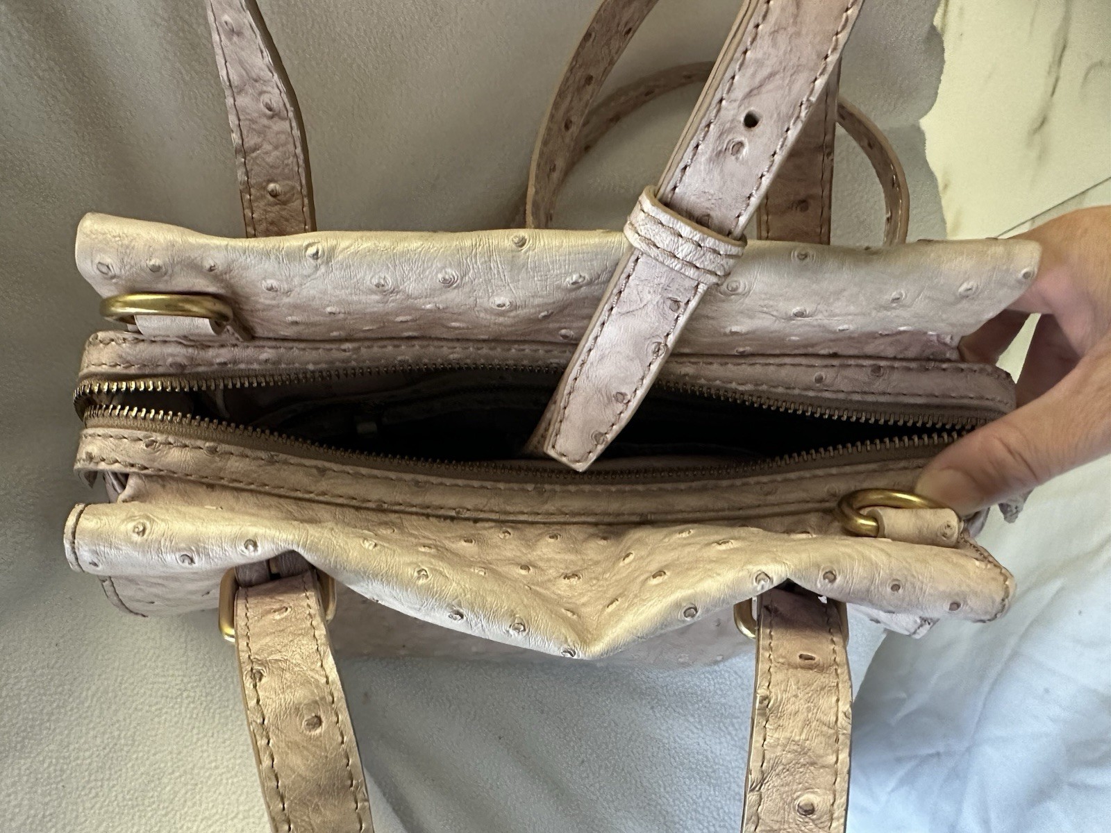 Beige Ostrich Embossed Satchel Top Handle Bag, Zip/Push Lock, Strap, Gold