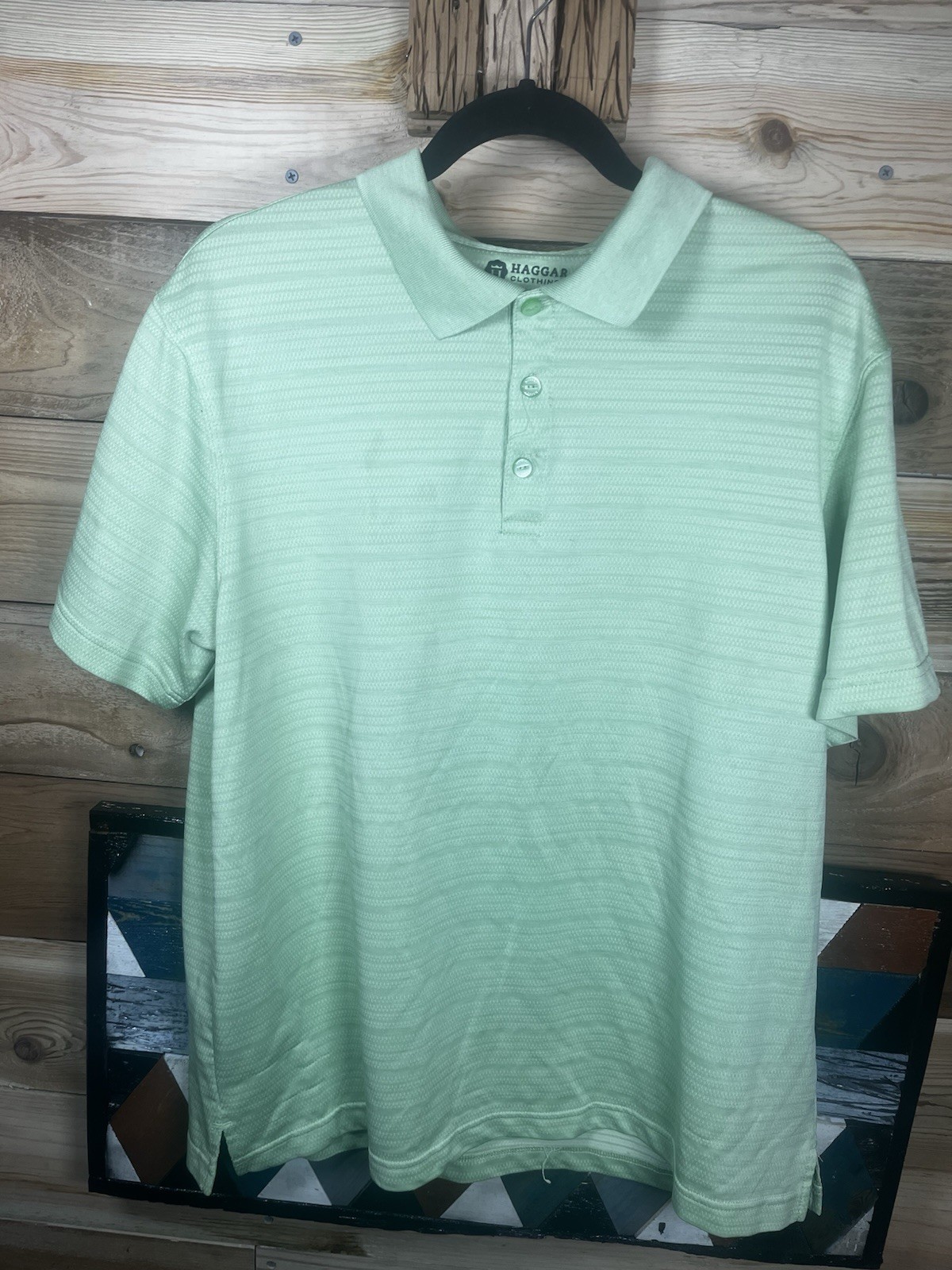 Haggar Men’s L Green Striped Polo Shirt Knit Short Sleeve Button Collared