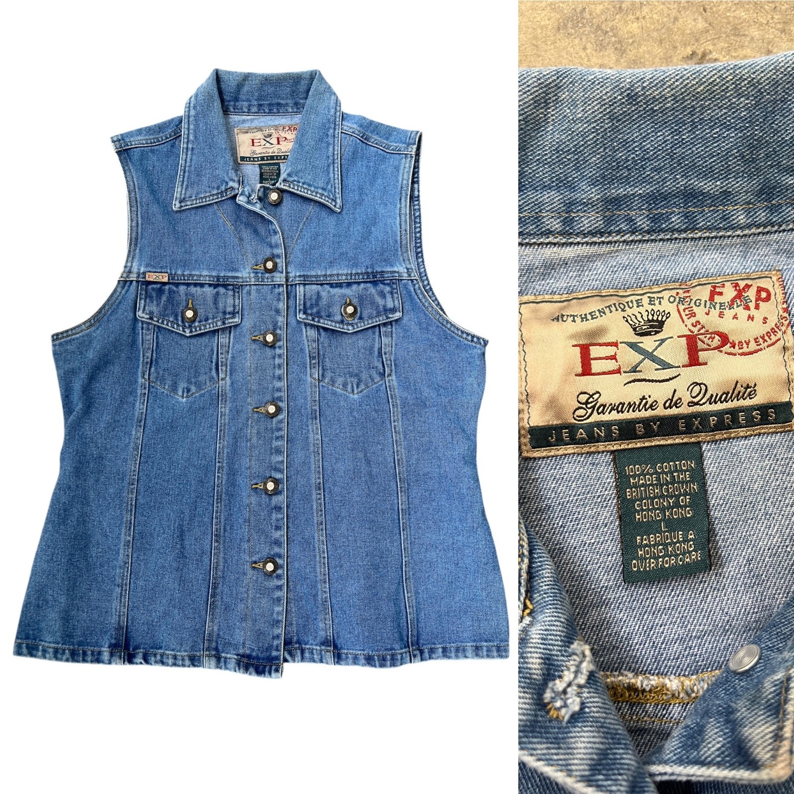 90s Y2K Express Denim Vest L Button Front Collared Jean Western Grunge Hip Hop L