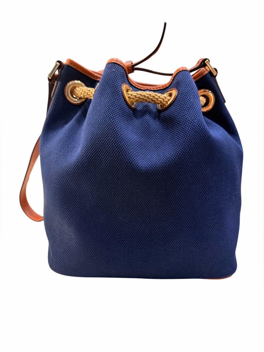 Michael Kors Marina Navy Canvas Tote Tan Leather Trim and Beige Drawstring NWOT