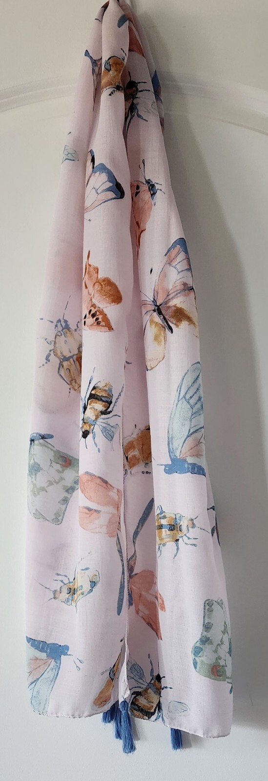 Pink Butterflies Insects Scarf Blue Tassels 58 In Lightweight