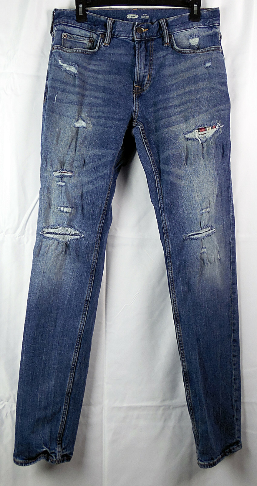 Old Navy Blue Built-In Flex Slim Fit Plaid Patch Destroyed Jeans 31 X 33