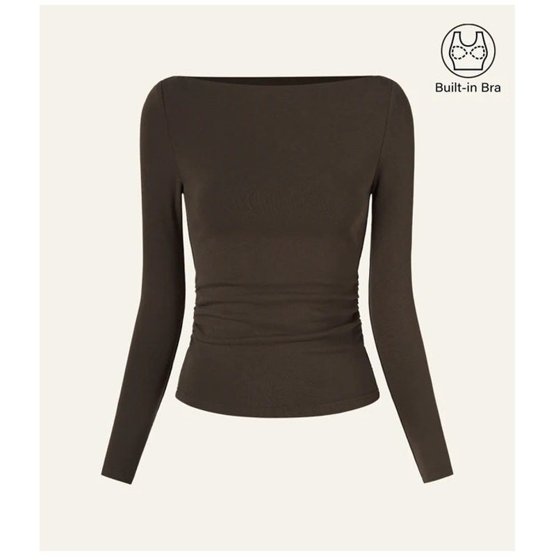 OGL Brami Top Boatneck Side Ruched Eco Mousse ProWarm Brown Size Large NEW