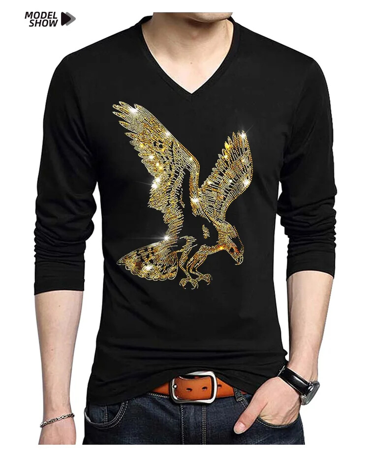 Fashion Trend Eagle Rhinestones Streetwear Long Sleeve Luxury Men V-Neck T-Shirt