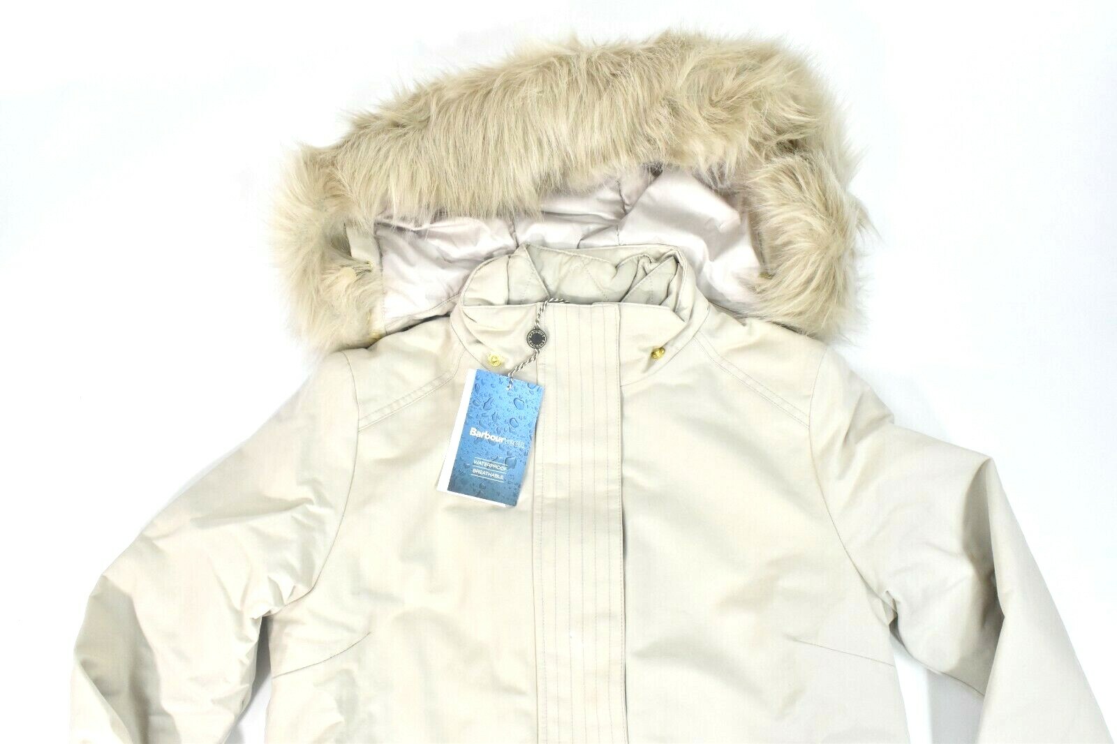 Barbour Women Bute Down Coat Jacket New Beige US 6 Waterproof Faux-Fur Hooded