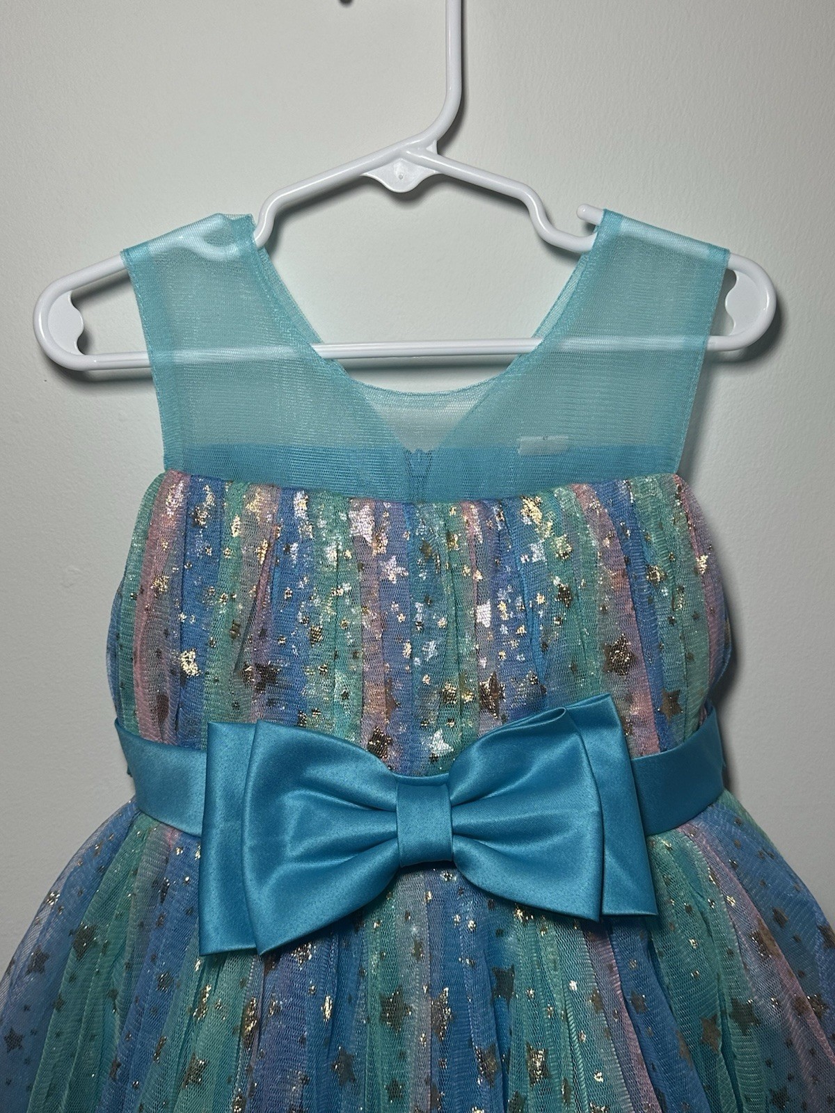 5T/5Y Elegant Sheer Rainbow Tulle Dress With Bows And Gold Stars For Girls