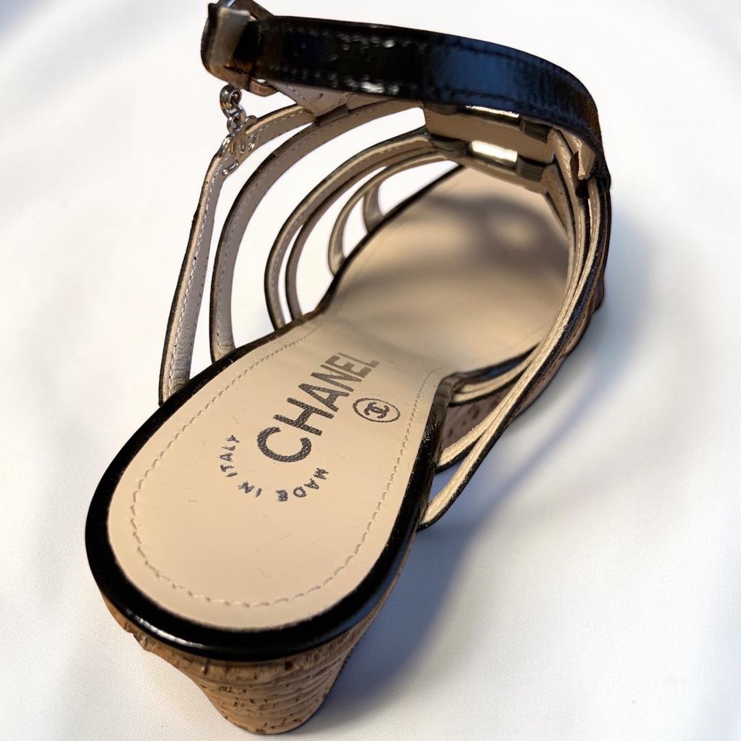 CHANEL CC Logo Coco Mark Patent Leather Strappy Cork Wedge Sandals US 5