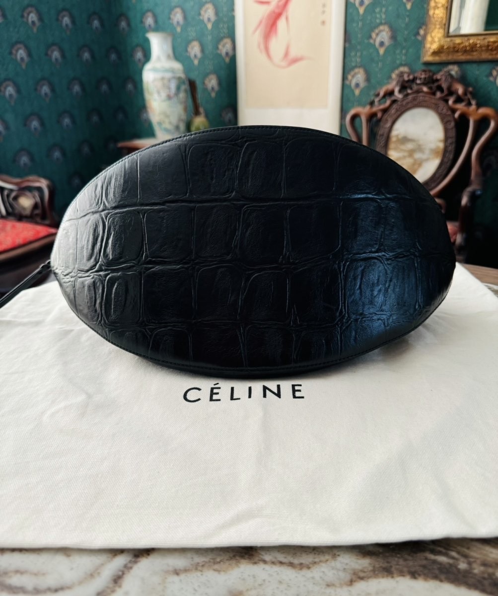 Authentic Celine $4100 Black Curved Phoebe Philo Moon Smile Croc Luggage Bag