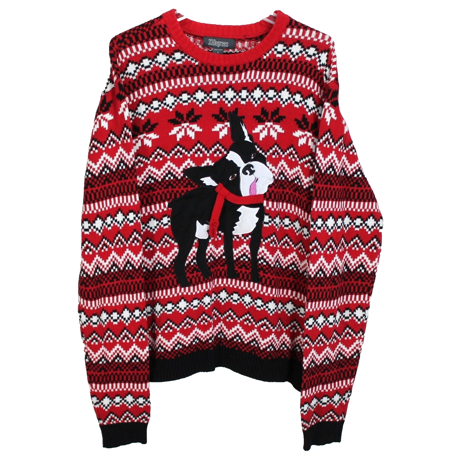 33 Degrees Boston Terrier Dog Sweater Mens L Red Black Print Christmas Holiday