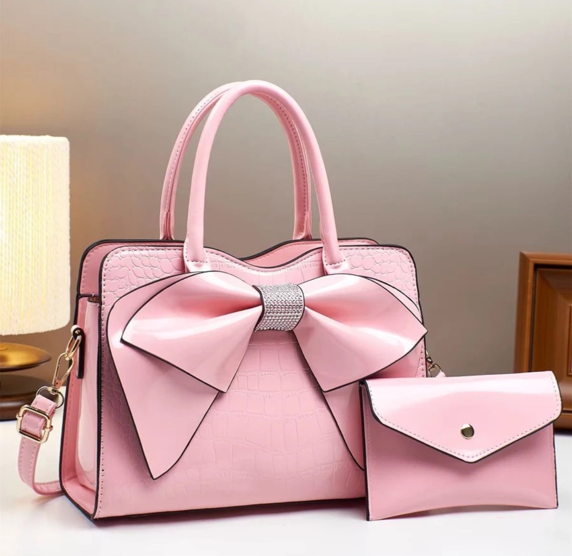 Women’s Luxury PU Leather Bow Tote Handbag 2Pc Satchel Shoulder Bag Wallet