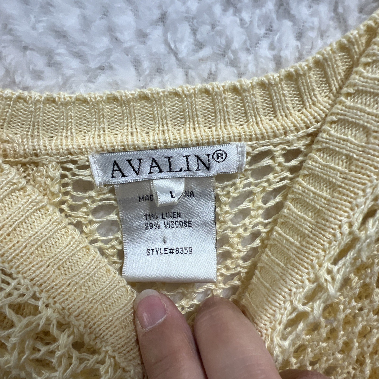 Avalin Yellow Open Weave Mesh Sweater Linen Blend Button Back Boho Coastal L