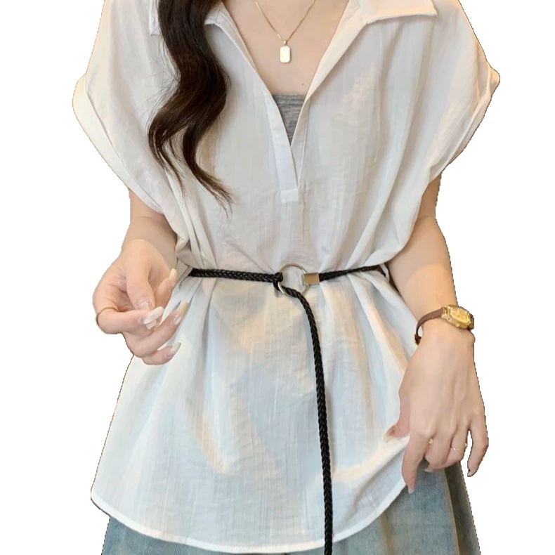 Plus-size Faux Two-piece V-neck Straight-shoulder Shirt