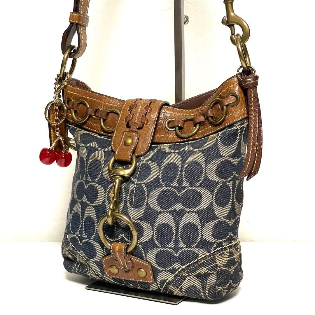 Coach Jackie 10405 Denim Canvas Shoulder Bag Blue Brown Gold Charm 8.7in