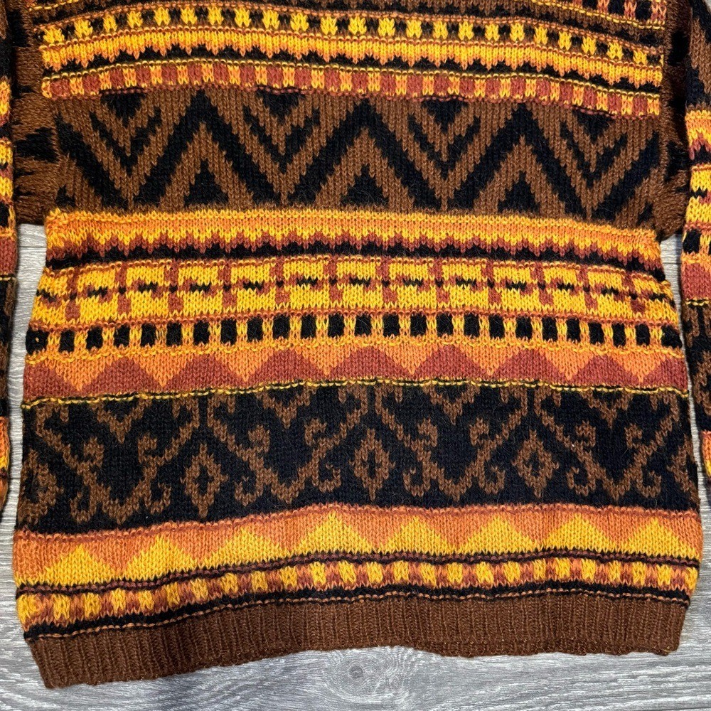 Together! Vintage 90s Wool Blend Geometric Tribal Knit Sweater Mens Large Brown